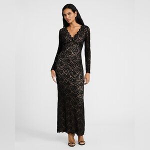 Express Black Long-Sleeve Lace V-Neck Maxi Dress